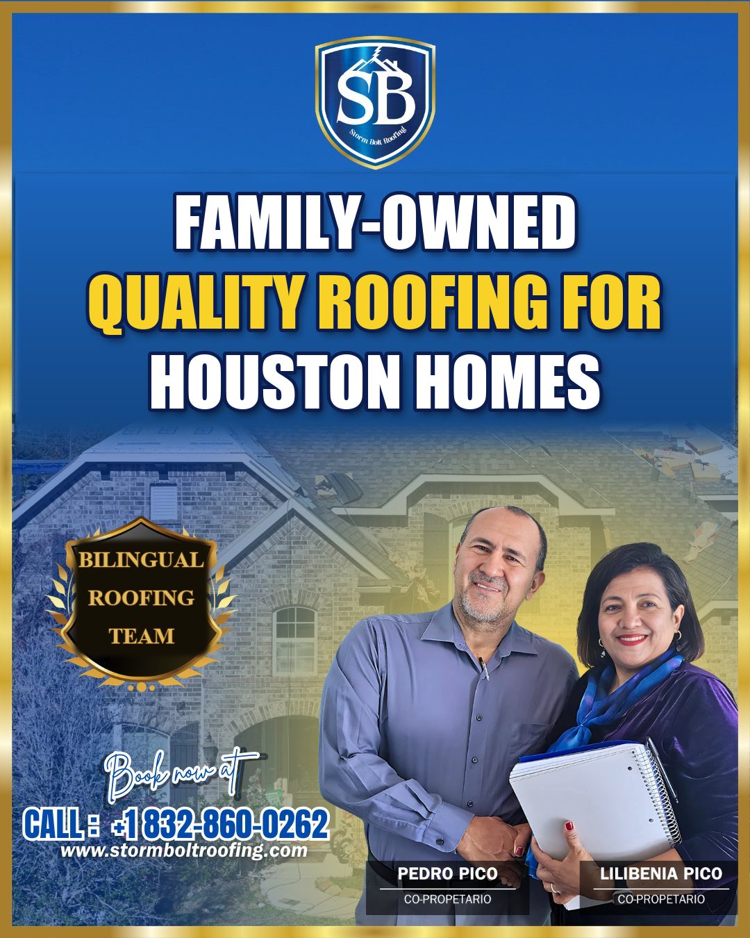 Storm Bolt Roofing flyer: family-owned quality roofing for Houston homes, bilingual roofing team
