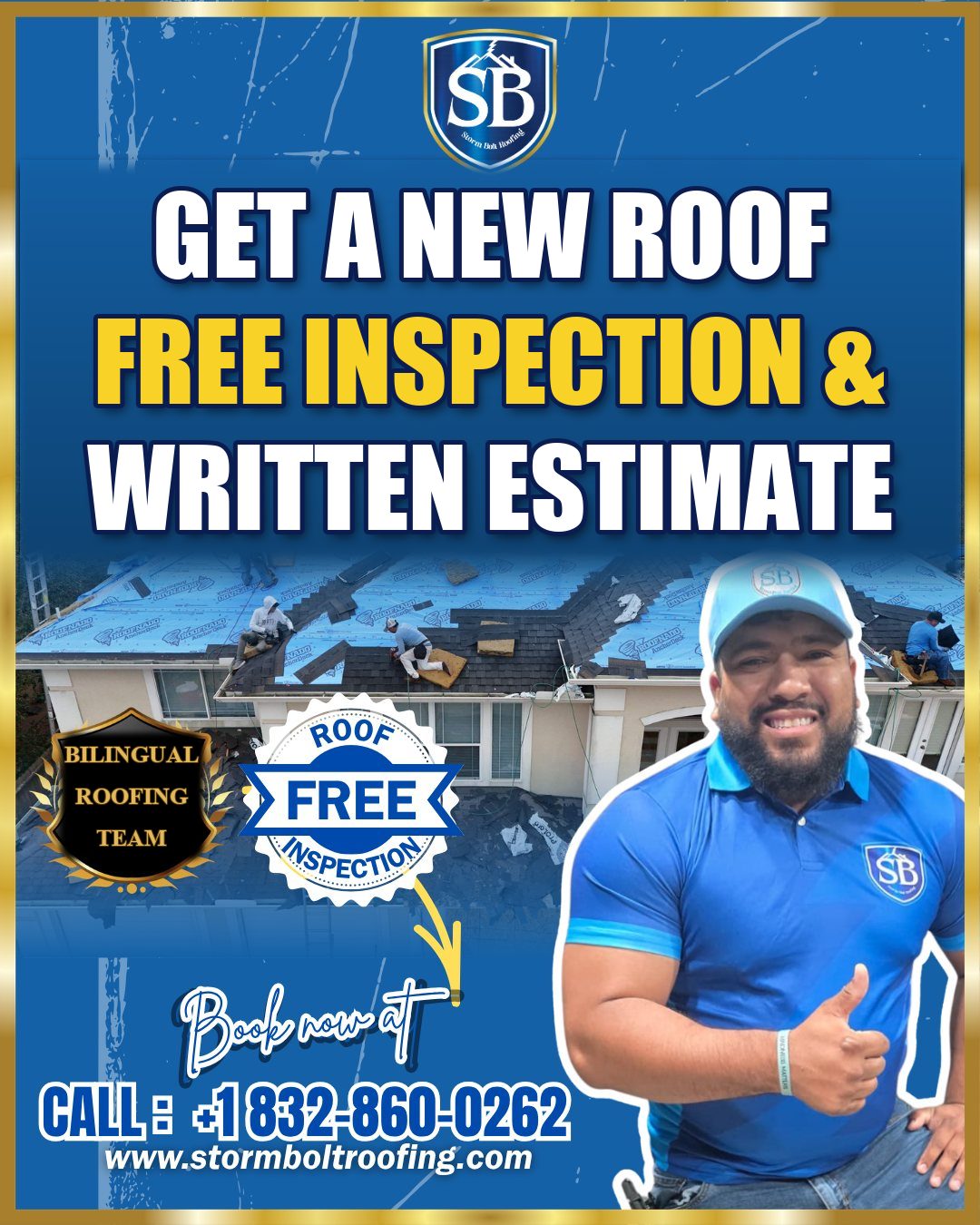 Storm Bolt Roofing flyer: get a new roof with a free inspection and written estimate